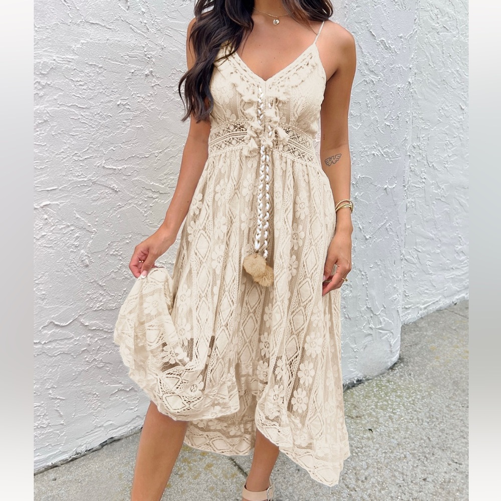 Beige Lace Maxi Dress with Tassel Tie - Picture 3 of 8